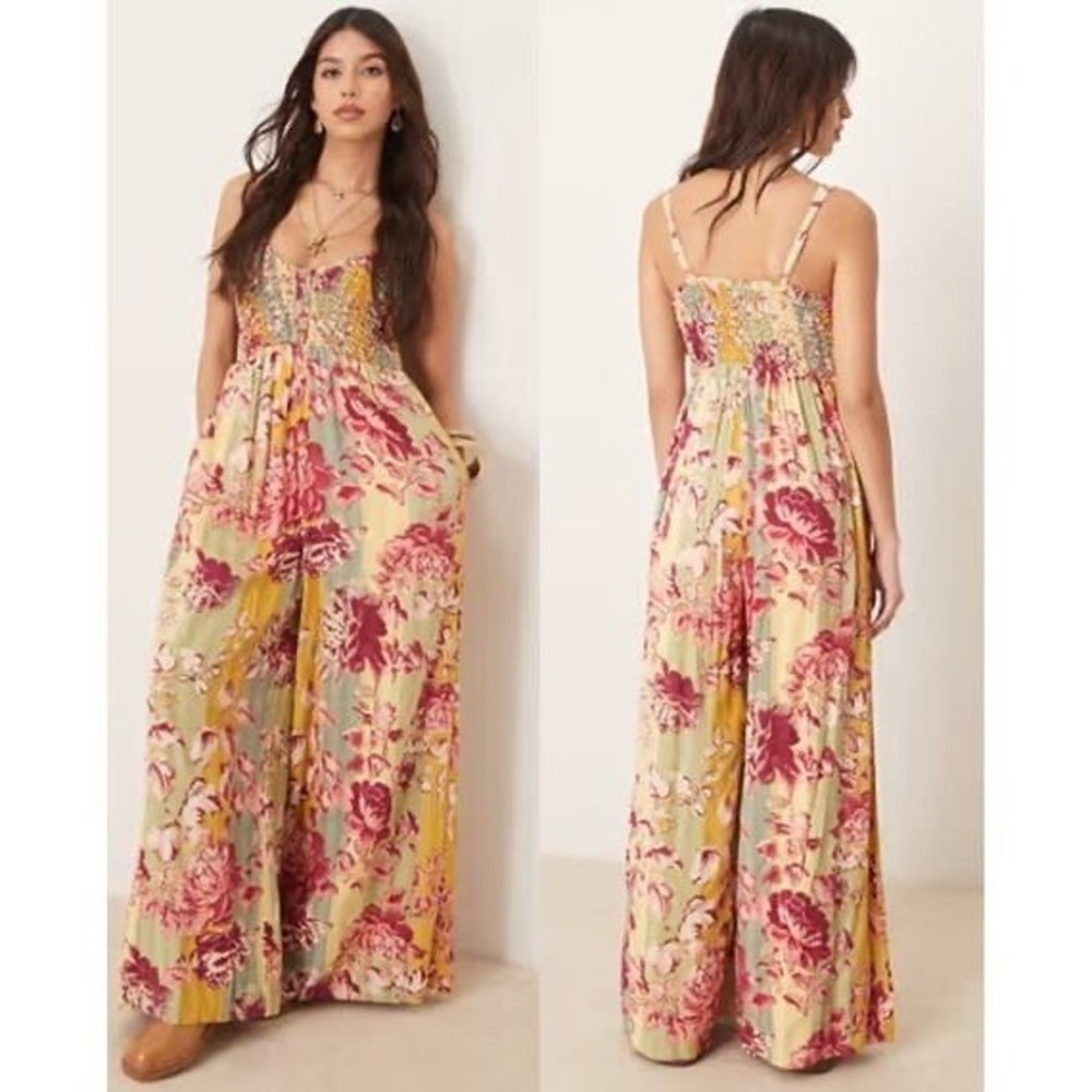 Free People Melrose Boho Floral‎ Printed Wide Leg Jumpsuit Size small